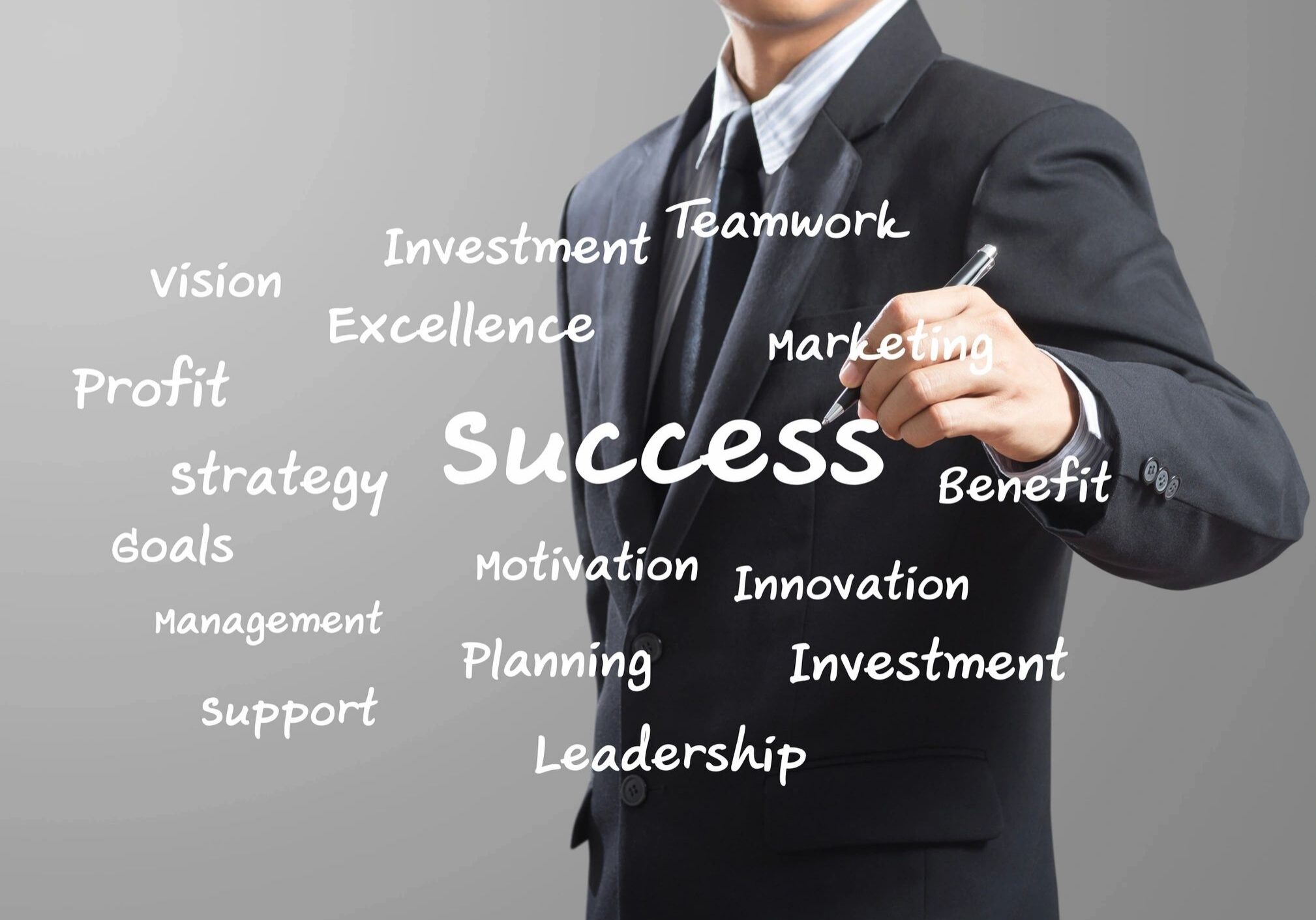 Success keywords surrounding businessman in suit